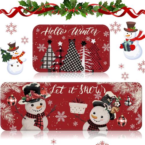 2 Pcs Christmas Snowman and Tree Kitchen Rugs and Mats Merry Christmas Kitchen Rugs Winter Xmas Floor Mats for Holiday Outdoor Home Farmhouse Decorations, 17x47 and 17x29 Inch