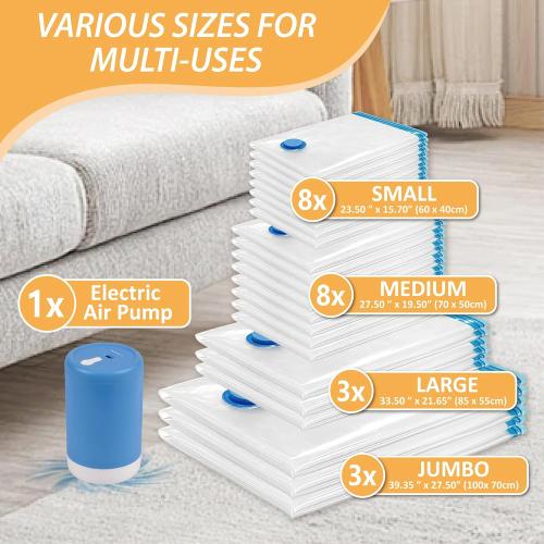 Vacuum Storage Bags with , 22 Pack (3 Jumbo/3 Large/8 Medium/8 Small) Vacuum Seal Space Saver Bags for Clothing, Pillows, Blanket, Bedding, Comforters