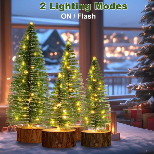 4 PCS Mini Christmas Trees, Artificial Bottle Brush Trees with 2 Modes Timer LED String Lights, Button Cell Battery Powered Desktop Small Pine Trees with Wooden Base for Home Xmas Decor (Warm White)