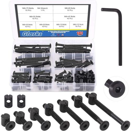 Glarks 141Pcs Baby Bed Crib Screws Hardware Replacement Kit, M6x15/ 25/35/ 45/55/ 65/ 75mm Black Hex Socket Cap Screws and Nuts Assortment Kit for Chair Table Cabinets Furniture