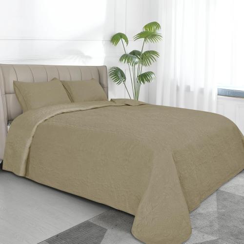 Easy-Going Reversible Quilt Set Full/Queen, Bedspread with 2 Shams | Damask-Beige/Beige, Lightweight Microfiber Bed Comforter, 1 Quilt   2 Pillow Shams, All-Season Coverlets for Bedroom