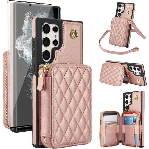 Phone Case for Samsung Galaxy S22 Ultra 5G Wallet Cell Cover with Tempered Glass Screen Protector Wrist Crossbody Strap RFID Blocking Card Holder S22ultra 22S S 22 S22ultra5g 6.8 Women Girls Rose Gold