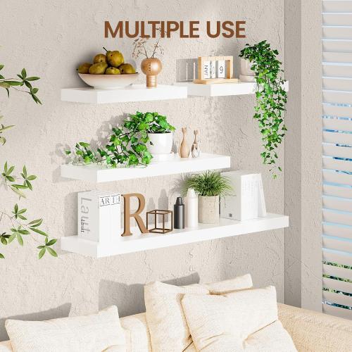 Heimlove Wooden Floating Shelves for Wall, White Pine Shelves Set of 2, 24 in Rustic Wood 8 Inch Deep Floating Shelf with Invisible Brackets for Bedroom Kitchen Living Room - Classic White