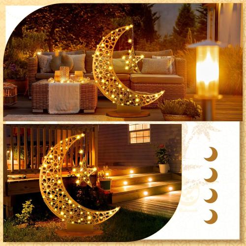 Tujoe Ramadan Light Decoration, Large Eid Crescent Moon Star Light 26.3 x 22.4 Inch Metal LED Ramadan Mubarak Moon Lamp Table Centerpiece Battery Operated for Home Floor Yard Islamic Gift(Innovative)