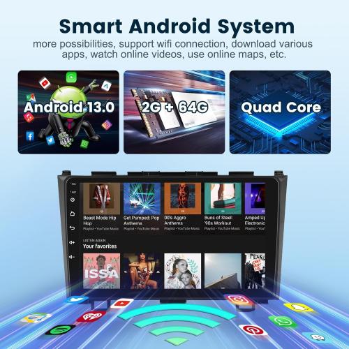 BLACK 9INCH 2 64G for Honda CRV 2007-2011 Android Car Stereo with Wireless Carplay/Android Auto, 9 Inch Touchscreen Bluetooth Car Radio Support WiFi GPS Navigation USB FM/RDS SWC HiFi Audio Backup Camera