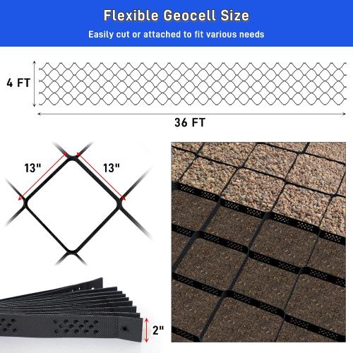 2 Depth Ground Grid for Gravel, 36x4 FT Geo Gravel Grid Driveway 1885 lbs per Sq Ft Load with Connection Buckles, Geo Cell Permeable Stabilization System for Driveways Walkway Slope Pathway & Garden