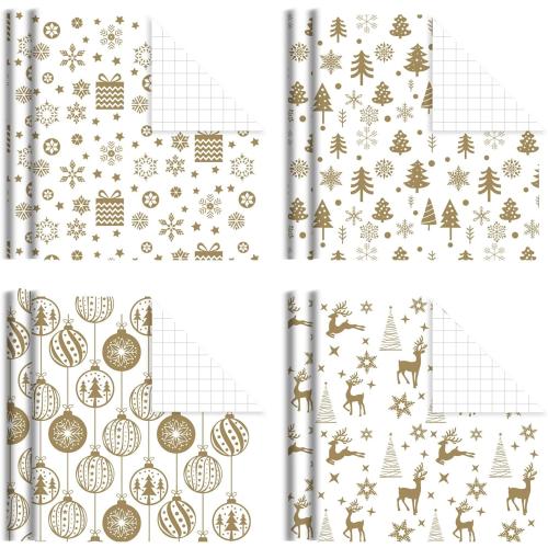 KIMOBER 4 Rolls Christmas Wrapping Paper with Cut Lines on Reverse,Coated Paper with Golden Christmas Elements(30in × 144in Per Roll)
