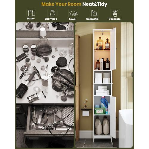 HAIOOU 67 Tall Bathroom Storage Cabinet with Light,11.8W Narrow Bathroom Cabinet with Adjustable Glass Shelves,Slim Freestanding Cabinet for Small Spaces,Skinny Cabinet for Kitchen,Living Room white
