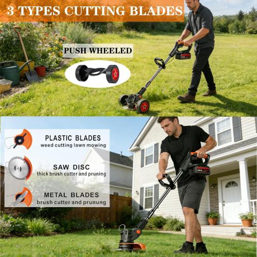 21V Cordless Weed Wacker, 2×4.0Ah Battery Powered Weed Trimmer, Electric Weed Eater with 3 Types Blades, Adjustable Cutting Height & Angle, Brush Cutter & Edger Lawn Tool for Garden Yard Care
