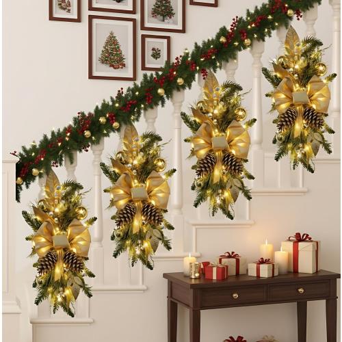 2025 Cordless Christmas Swags Artificial Stairs Christmas Garland with Prelit Teardrop Swag and 30 Lights Rustic Christmas Swag for Front Door Wall Window Stair Home Decor (Gold with Pinecone)