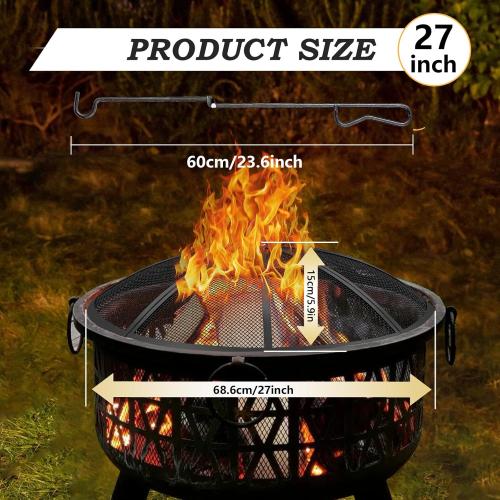 Size 27 Fire Pit Spark Screen, 27 Inch Diameter Fire Pit Screen with Handle & Poker,Heavy Duty Metal Mesh Fire Pit Screen,Fire Pit Lid for Outdoor/Beach/RV Camping/Backyard