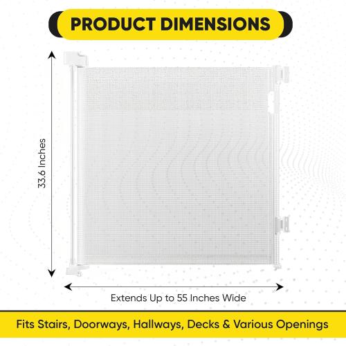 Retractable Baby Gate – 35 Tall, 55 Wide Mesh Safety Gate for Dogs & Babies, Indoor/Outdoor Use for Stairs, Doorways, Hallways, Deck & Porch – Easy One-Handed Wall Mount Design