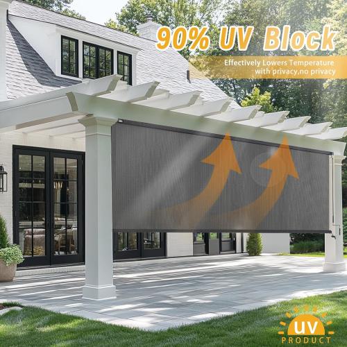 Outdoor Roller Shades，Cordless Patio Roller Up Blinds with Shade Cloth for Porch Gazebo Pergola Balcony Backyard，2 Poles & 1 Fabric，Grey，72 Wx96 H
