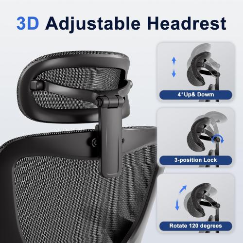 Ergonomic Office Chair，Mesh Seat Cushion with 3D Armrests and 3D Headrest, Adjustable Lumbar Support with Rocking Function, SGS Class 4 Gas Clylinder，Black