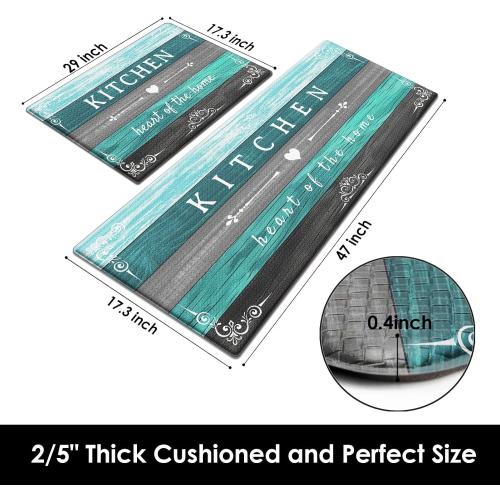 Arttown Anti-Fatigue Kitchen Rug Set of 2, Waterproof Non-Slip, Teal Green