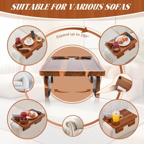 GEHE Real Acacia Wood Couch Armrest Table, 15.4x9.8 Couch Arm Tray Table, 3 in 1 Removable Sofa Cup Holder wtih 360° Rotated Phone Holder, Clip on Armrest Tray for Drinks, Snacks, Phone, Control
