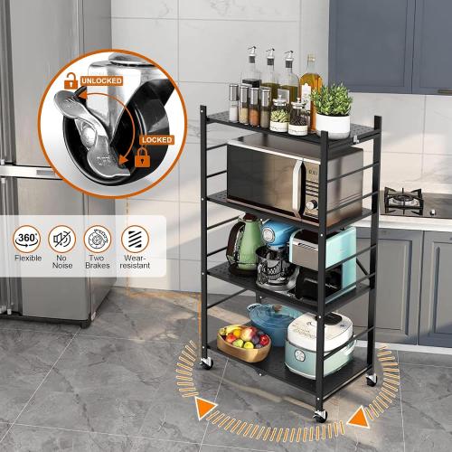 Size 4 tier Color Black  Storage Shelves with 20 Hooks, 4-Tier Foldable Shelves for Storage, Folding Shelf Unit Pantry Shelves with Wheels, Metal Shelving Storage Rack Shelf for Kitchen Garage Home, Black - No Assembly