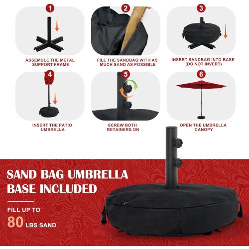 Sundale Outdoor OLEFIN Solar Patio Umbrella with Sand Bag Umbrella Base, LED Outdoor Umbrella with Tilt and Crank