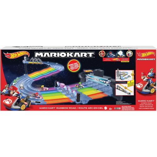 Hot Wheels Mario Kart Rainbow Road Raceway 8-Foot Track Set with Lights & Sounds & 2 1:64 Scale Vehicles, Race with 5-Track Colorful Course with 2 Configurations