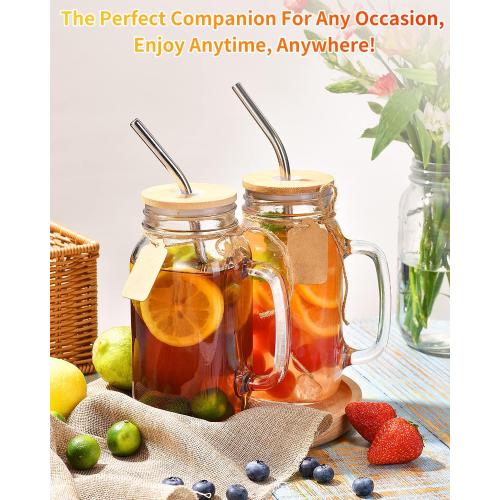 TANGLONG Mason Jar with Lid and Straw 24 oz Mason Jar Cups Set of 8 Glass Cups with Lids and Straws Mason Jars with Handle Drinking Glasses