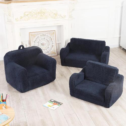 Kids Snuggly-Soft Sherpa Chair, Cuddly Toddler Foam Chair for Boys and Girls, Dark Blue