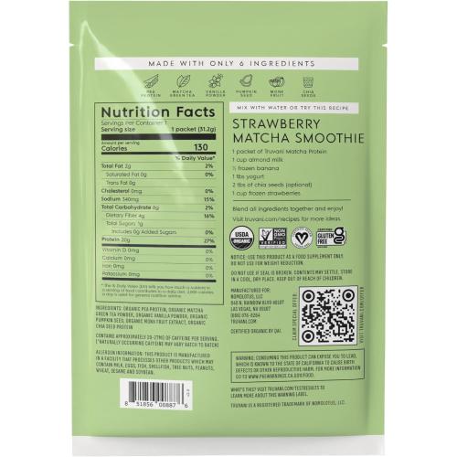 Truvani Vegan Pea Protein Powder | Matcha | 20g Organic Plant Based Protein | 1 Serving | Keto | Gluten & Dairy Free | Low Carb | No Added Sugar