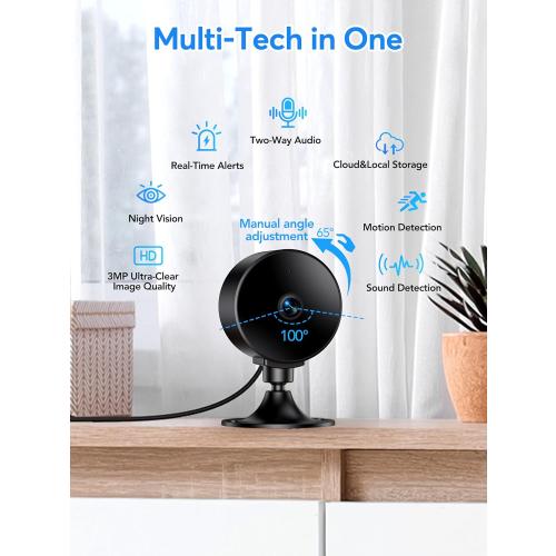 Indoor Security Camera 2K 3MP, Motion & Sound Detection, Real-Time Alerts, Two-Way Audio, Works with Alexa & Google Assistant, Home Security Camera with 256GB SD & Cloud Storage, Black, 2.4GHz