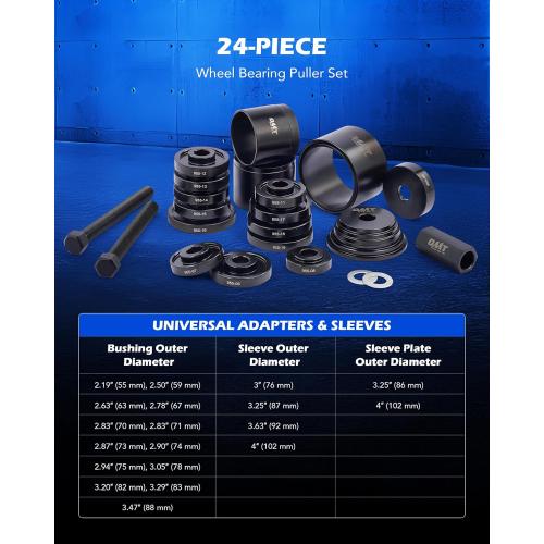 Orion Motor Tech Wheel Bearing Press Kit for Front Wheel Drive Bearing Removal & Installation, 24pc Wheel Bearing Puller Tool Set with Sliding Screws Universal Bushings Sleeves Storage Case