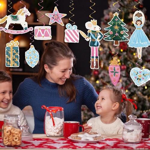 JarThenaAMCS 35Pcs Christmas Nutcracker Hanging Swirls Decoration Watercolor Pink Nutcracker Xmas Cartoon Ceiling Spiral Streamers Ornaments for Home Party Wall Supplies