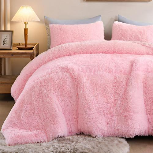 Smoofy Fluffy Full Size Comforter Set, Faux Fur Pink Comforter Set, Luxury Fuzzy Bedding Set, Soft Shaggy Full Bed Set for All Season, 3 Pieces - 1 Comforter & 2 Pillowcases