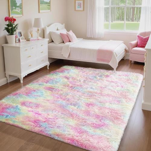 Ophanie Rainbow Rug for Bedroom Girls, Unicorn Colorful Fluffy Soft Cute Fuzzy Area Rugs, Shag Plush Shaggy Bedside Floor 4x6 Furry Carpet for Kids Baby Teen Dorm Nursery Home Decor Aesthetic