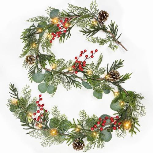 6 Ft Prelit Christmas Cedar Garland, Real Touch Christmas Garland with Lights, Realistic Soft Cypress & Eucalyptus Pine, Red Berries Pinecones,Battery Operated Garlands for Fireplace Mantle Table