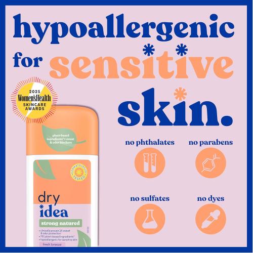 Dry Idea Plant Based Antiperspirant with Aluminum Sweat Blockers Invisible Solid Deodorant for Women – Fresh Breeze Scent, 2X Longer Sweat Protection, 72Hr Sweat & Odor Control for Sensitive Skin, 3pk