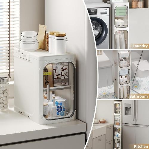 WHITE 4-Tier Tall Narrow Storage Cabinet, Slim Bathroom Storage Cabinet with Adjustable Shelves and Wheels, Narrow Organizer for Small Space, Bathroom, Kitchen, Laundry