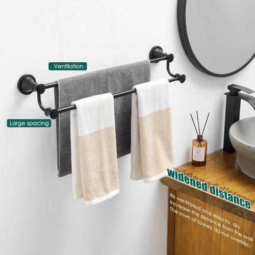 Hoimpro Adjustable Retractable 15-27 Inches Stainless Steel Bathroom Towel Bar, Bathroom Accessories Bath Hotel Double Towel Bar Rod Hanger Wall Mounted Towel Holder Towel Rack, Matte Black