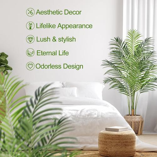 5ft Artificial Palm Tree Indoor Plant Tall Fake Tropical Paradise Palm Tree in Pot with Real Bark Design Faux Areca Palm Tree for Home Office Living Room Bedroom Farmhouse Modern Decor 1pcs