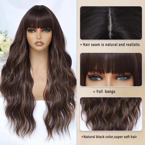 Brown Mix Blonde Wig with Bangs for Women Long Brown Highlights Wavy Wigs 26 Inch Brown Wigs Natural Looking Heat Resistant Synthetic Wig for Daily Party Use