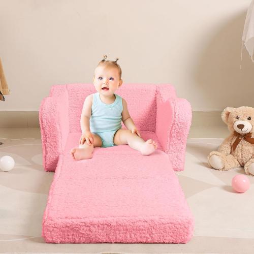 Kids Sofa, 2-in-1 Flip-Out Foam Couch with Soft Sherpa Cover, Cozy Play Lounge Chair, Pink