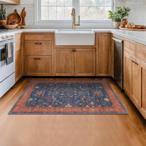 Large 3x5 Kitchen Rug Non Slip Machine Washable, Throw Rugs for Entryway Indoor, Floor Mat, Home Office Under Chair - Stain Resistant Non Skid Rubber Backing, Tribal Farmhouse Décor (3x5 Navy Blue)