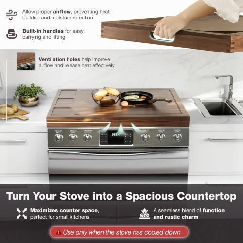 BLUEWEST Noodle Board Stove Cover with Handles, 3 in 1 Wood Stove Top Covers Board for Gas Burners and Electric Stove, Wooden RV Stovetop Cover, Tray for Kitchen Counter Space with Juice Grooves