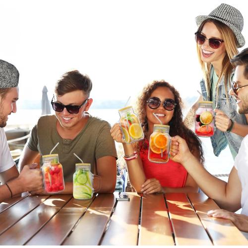 20oz Mason Jar Mug Set of 4 with Handles, Lids, Straws & Cleaning Brush - Overnight Oats & Iced Coffee Cups