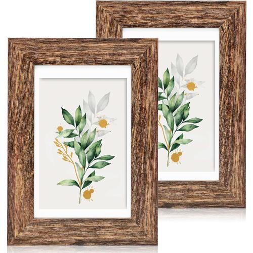 Hongkee 5x7 Picture Frame Set of 2, Made of Real Glass and Rustic Brown Wooden Frame - Display Pictures 4x6 with Mat or 5x7 Without Mat, 5 by 7 Photo Frame for Wall or Tabletop Display