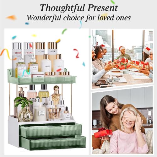 Bathroom Counter Organizer, 2-Tier 2-Drawer Makeup Organizer Countertop, Easy to Install, Ideal for Bathroom Storage, Vanity, Perfume, Large Skincare, Present, and More, DarkGreen