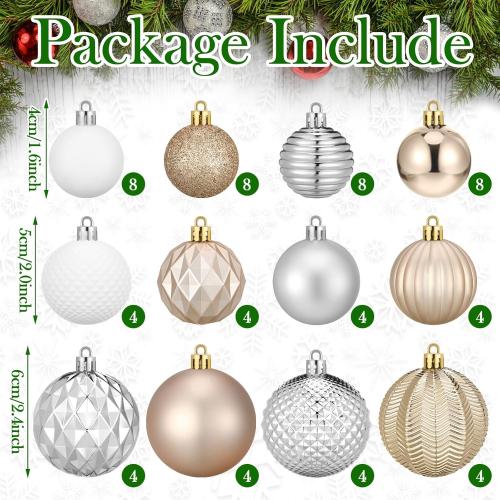 Christmas Ball Ornaments Champagne Gold Silver White Xmas Ornaments Sets 1.6/1.97/2.4 Inch Shatterproof Glitter Xmas Balls Assorted Holiday Neutral Modern Christmas Decor for Tree Home