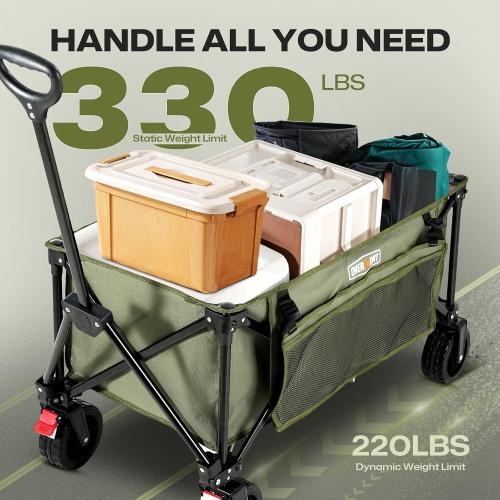 Color Green Overmont Collapsible Wagon Cart with Wheels - 180L Foldable Heavy Duty Wagon with Big All-Terrain Wheels - 330Lbs Weight Capacity with Side Pockets for Camping Sports Garden Grocery Shopping Green