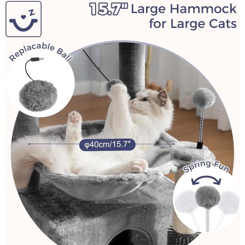 Color Grey pawfessor 5 in 1 Cat Tree 32 Inches Cat Tower with Self Groomer,15.7”Large Hammock, Fully Scratching Post, Removable Top Perch and Wide Condo for Indoor Cats-Gray