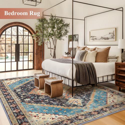 Yamaziot Washable Area Rugs 5x7 – Non Slip Boho Vintage Rug for Bedroom, Low Pile Floor Carpet Soft Distressed Rug for Living Room, Bedroom, Dining Room, Black Navy Blue