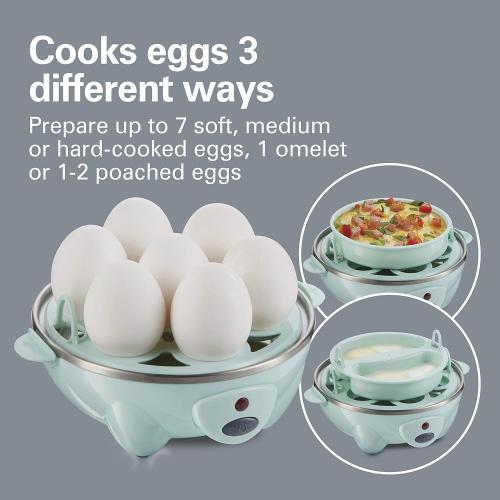 Hamilton Beach 3-in-1 Electric Egg Cooker for Hard Boiled Eggs, Poacher Eggs, Omelet Maker & Vegetable Steamer, Holds 7, Mint (25504)