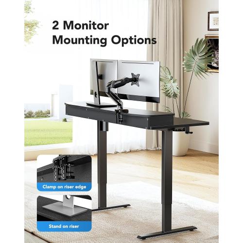 HUANUO 48″ x 24″ Electric Standing Desk with 2 Drawers, C-Clamp Mount Compatible, Height Adjustable Computer Desk, Home Office Stand Up Desk with 4 Preset Heights & 2 Hooks, Black