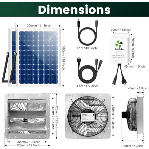 10 Solar Exhaust Fan for Greenhouse with Battery and Adjustable Thermostat, Attic Fans for Garage and Shed with 2PCS 15W Bifacial Solar Panels